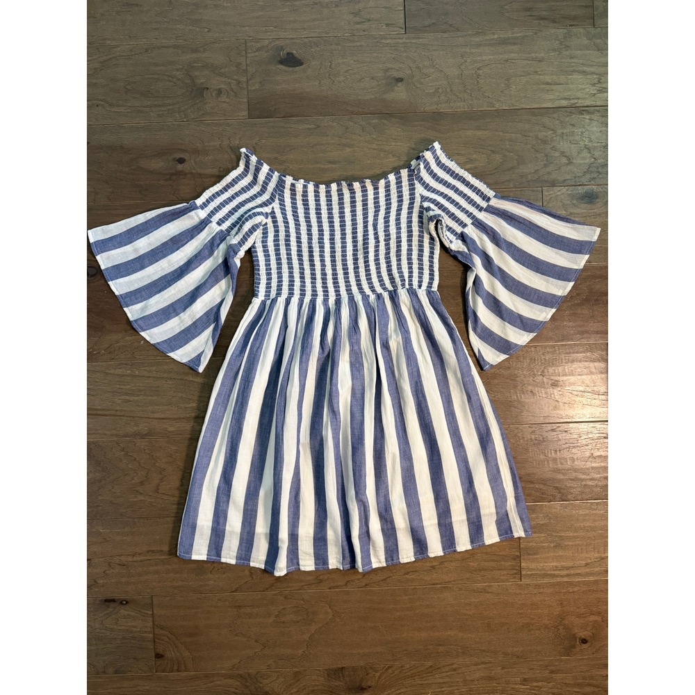 Lucky‎ Brand Blue White Striped Smocked Off Shoulder Bell Sleeve Mini Dress L